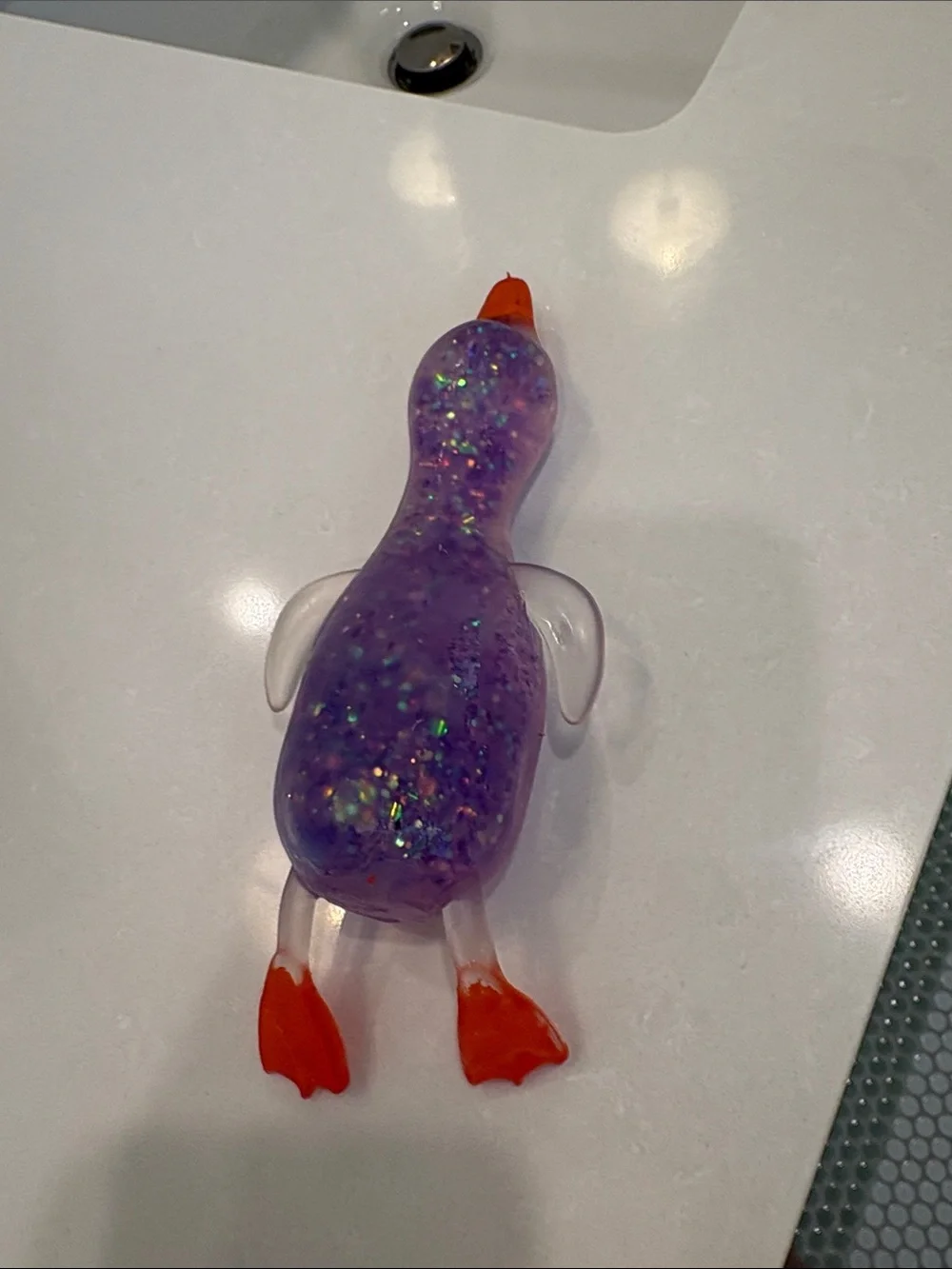 Purple Glitter Goose squishy toy with Orange Beak and Feet